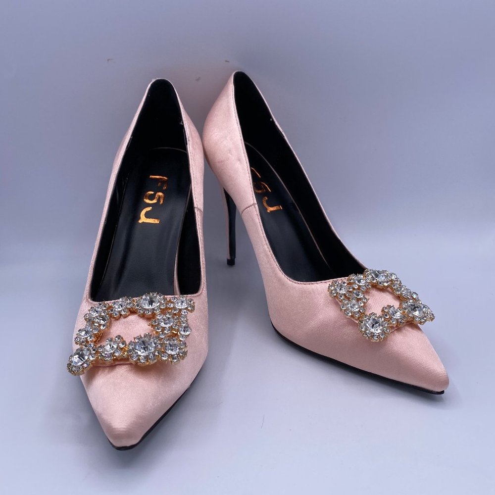 FSJ Wedding Slip On Pump Rhinestone Buckle Pointed